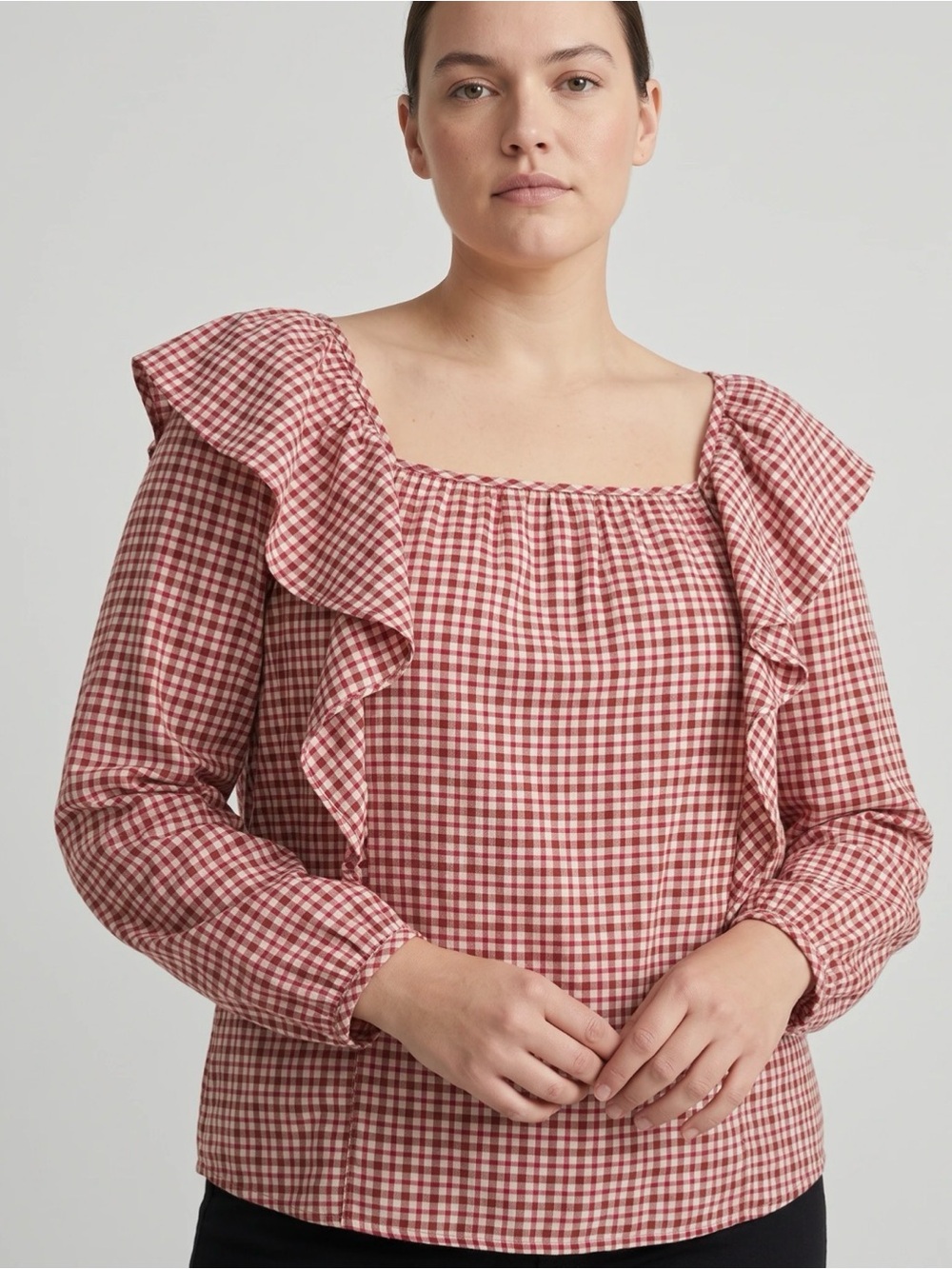 J.Crew Red Gingham Ruffle Square Neck Cotton Blouse Top XL - Picture 2 of 6